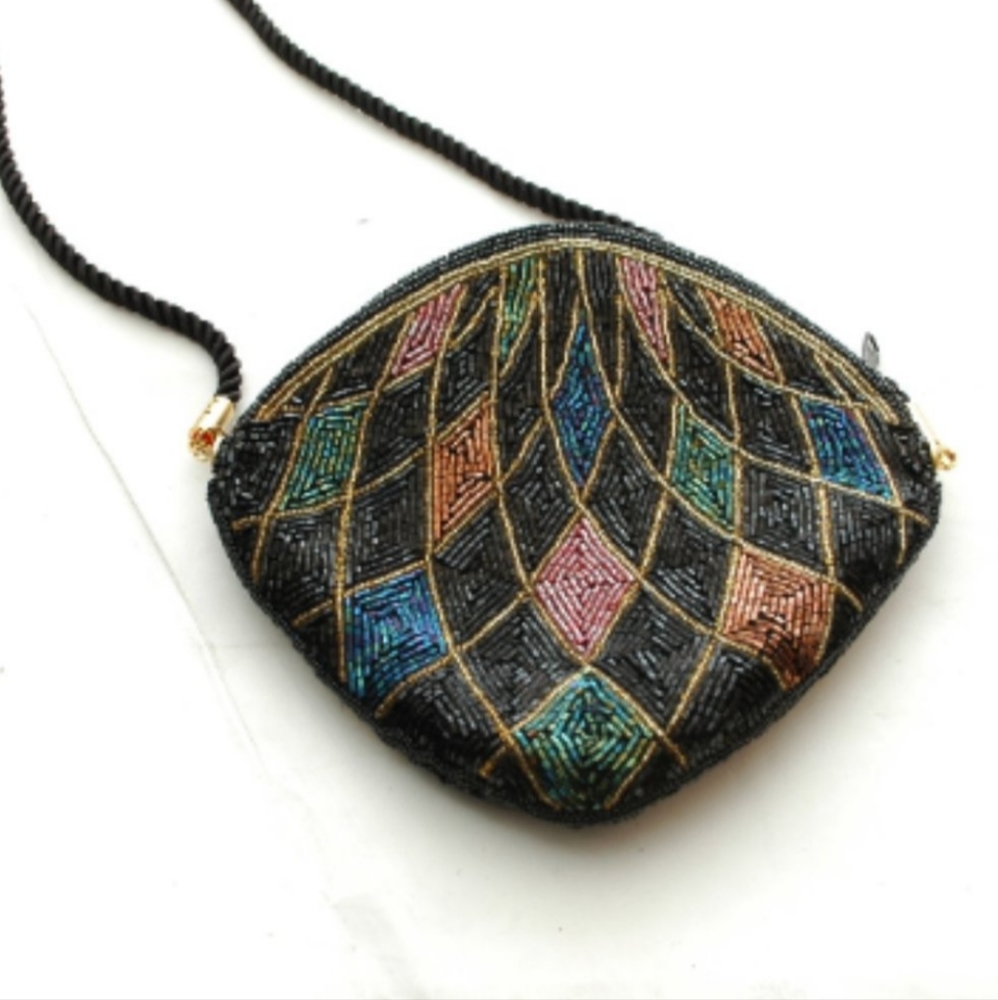 Vintage 80s Beaded Purse Crossbody Sequins Black
